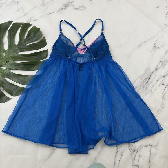 Victorias Secret Babydoll Negligee Top size M Blue Pink Lace Sheer Mesh - Picture 4 of 9